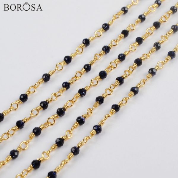 BOROSA 3Meters 2mm Blue Sand Stone Beads Faceted Brass Chains Beaded Chains Jewelry Accessories JT249 2