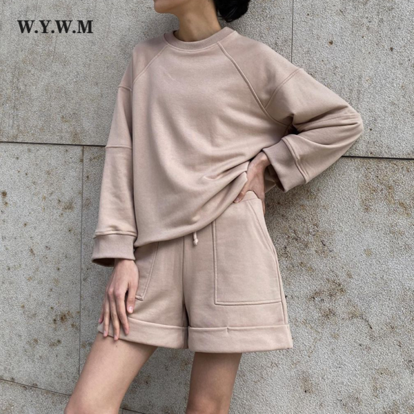 WYWM Spring Summer Cotton Sets Women 2022 New Loose Two Pieces Solid Sweatshirt & High Waist Shorts Pants Suits Casual Tracksuit 1