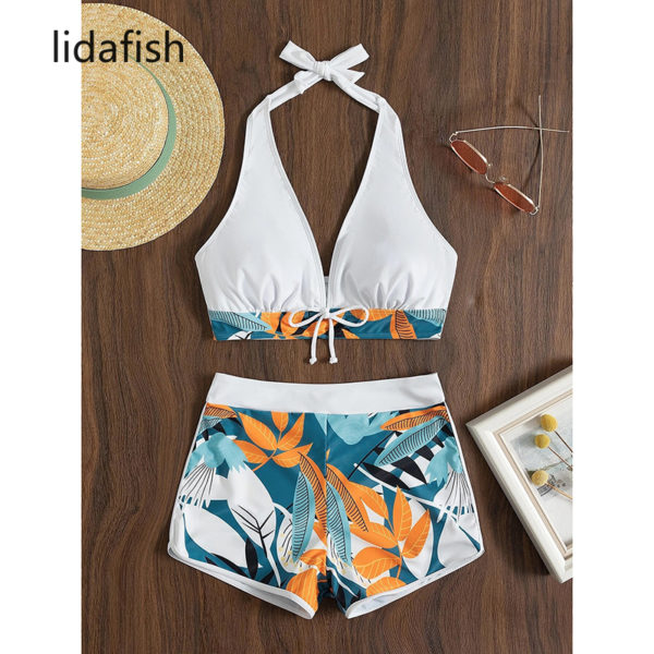 lidafish 2022 New Boxer Pants Bikinis Set Leaves Print Swimwear Women Two Pieces Swimsuit Biquini Summer Bathing Suit 2