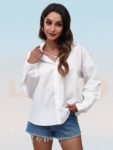 Solid Long Sleeve Front Button Back Cutout Tie Knot Cotton Blouse Women Turn-down Collar Single Breasted Summer Casual Shirts 1