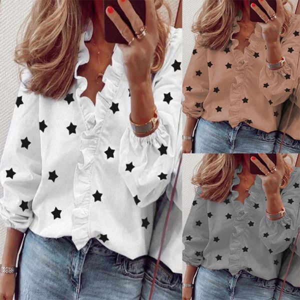 Leisure Fashion Star Print Shirts V-neck Ruffled Top Lady Slim Long Sleeve Oversized Shirt Womens Blouses Spring Blusas Mujer 1