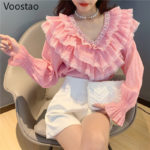 Spring Autumn Sweet Fashion Blouses Women Elegant Beading V-Neck Lace Ruffles Fairy Tops Female Lolita Style Chiffon Shirts 1