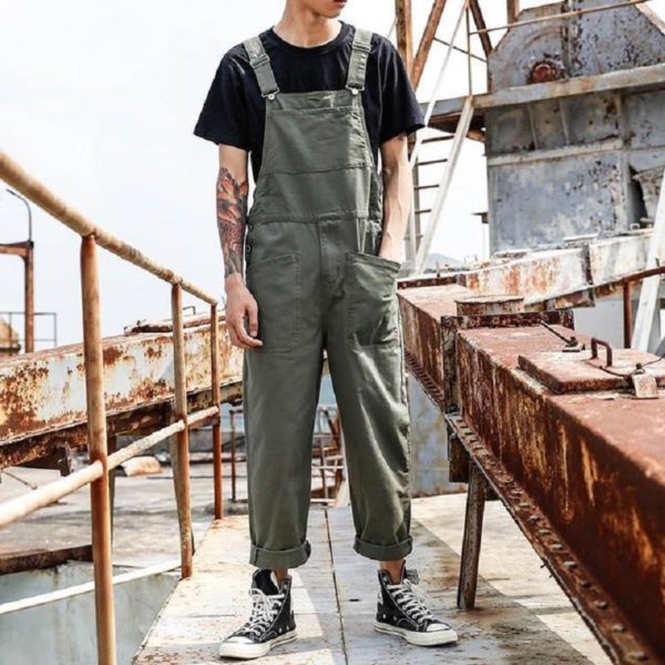 2022 Men Bib Pants Solid Color Casual Jumpsuits Streetwear Joggers Multi Pockets Fashion Suspenders Men Cargo Overalls 1