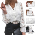 Women Sexy Lace Patchwork Hollow Out Shirt Long Sleeve Crew Neck Button Mesh Design Blouse Spring Fashion White Vintage Shirts 4