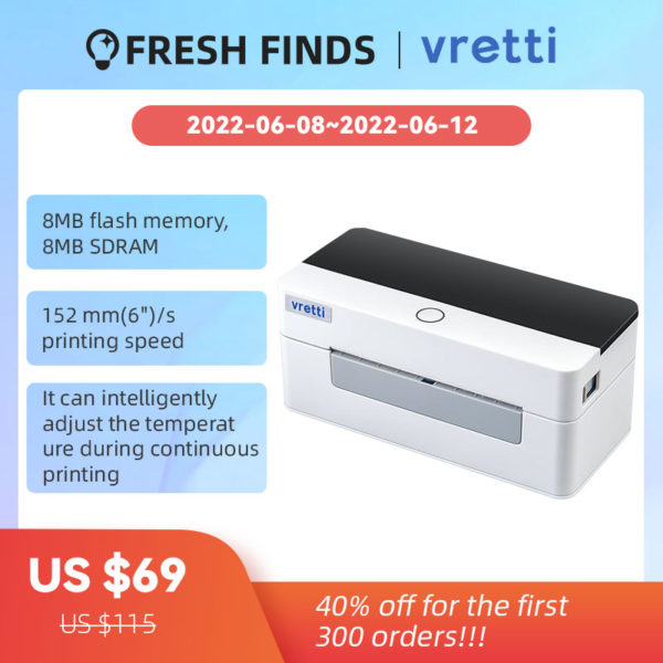 Vretti Label Printer White 4*6Inch 8MB Flash Memory D463B Commercial Support Single Sheet Printing 1