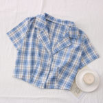 2021 New Summer Women Turn-down Collar Plaid Shirt high waist short Shirt single breasted Shirt bare navel Top 5