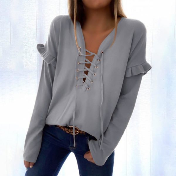 Blouse Long Sleeve Women Ruffle Bandage Knitwear Pullover for Spring 2