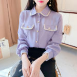 White Chiffon Blouse Women New 2021 Spring Korean Small Fragrance Lapel Tops All-Match Solid Color White Shirt Female Autumn 4