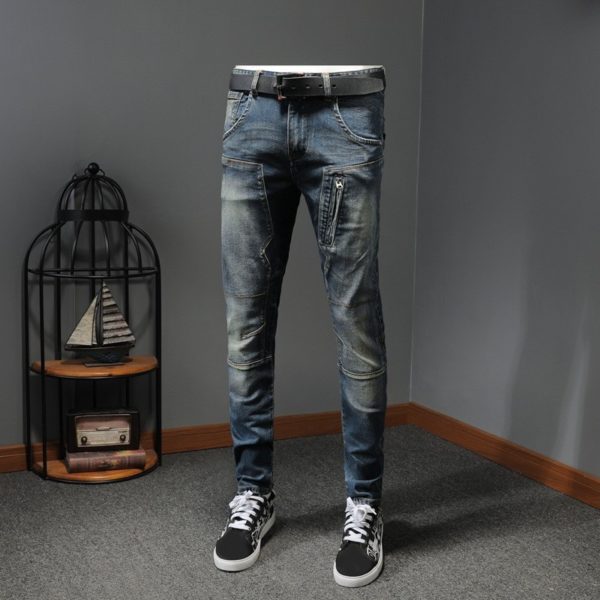 Clothes Mens Vintage Slim Fit Denim Pants Biker Zipper Straight Pencil Jeans Male Casual Fashion Splice Distressed Jean Trousers 1