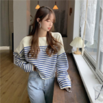 Blue Striped Stitching Sweater Women's Spring and Autumn 2022 New Loose Knitted Round Neck Long-sleeved Pullover Top Female 5