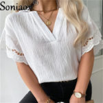 Fashion V-Neck White Lace Patchwork Half Sleeve Womens Blouses 2022 Summer Casual Loose Office Ladies Shirt Tops Femme Blouse 1