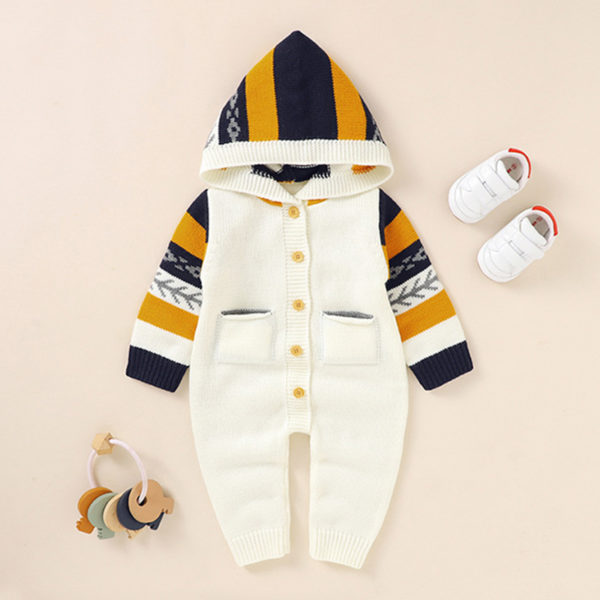 Infant Kids Baby Clothes Rompers Baby Boy Girl Long Sleeve Printing Hooded Knit Jumpsuit Newborn Baby Boy Girl Pocket Rompers 2