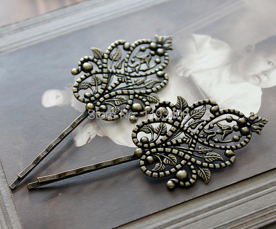 50PCS vintage Antique Bronze hairpins cameo setting flower cabochon base hair accessories jewelry DIY Findings( PINSS-21) 1