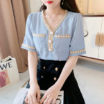 Temperament V-Neck Short-Sleeved Blouse Women 2021 Summer New Korean Simple Style Design Chic Button Casual Tops Ladies Shirt 3