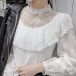 Lace Blouse Women Korean Elegant Style Shirt Female Spring 2021 New Mesh Splicing Ruffled Sweet Temperament Tops White Autumn 6