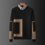 Men Mock Two-Piece Fleece Sweater Winter Thick Knitting Male Geometry Pattern Lapel Long Sleeve Trendy Pullover Knitwear 1