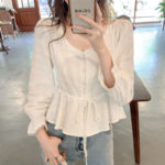 2021 Spring White Shirt Round Neck Flared Sleeve Cotton Blouse with Belt Button Short Style Ruffled Top Womens Tops and Blouses 1