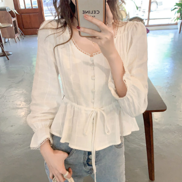 2021 Spring White Shirt Round Neck Flared Sleeve Cotton Blouse with Belt Button Short Style Ruffled Top Womens Tops and Blouses 1