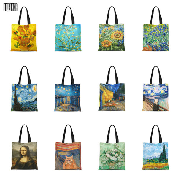 New Women Canvas Shopper Bag High Quality Tote Bag With Zipper Van Gogh Large Capacity Shoulder Bags Fashion ECO Shopping Bags 1