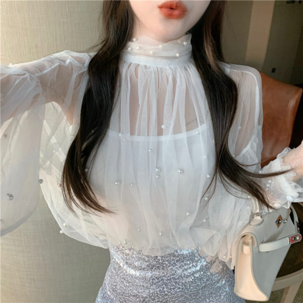 Two Pieces Set Shirt +Tank Spring Women Lace Bottoming Blouse Beading Mesh Shirt Female Lantern Sleeve Blouses Short Tops AB2094 2