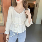 2021 Spring White Shirt Round Neck Flared Sleeve Cotton Blouse with Belt Button Short Style Ruffled Top Womens Tops and Blouses 4