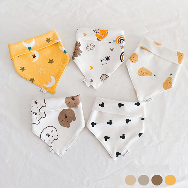 5Pcs/Set Baby Feeding Cotton Bibs Cartoon Print Newborn Saliva Towel Girls Boys Soft Burp Cloths Triangular Bandana Scarf 1