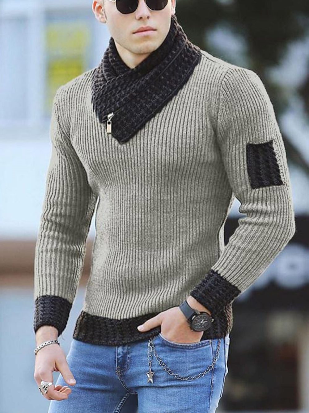 Turtleneck Knitted Sweater for Men Casual Slim Fit Striped Pullovers Long Sleeve Scarf Collar Warm Sweaters Winter Men's Wear 3