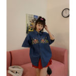 Blue Bear Embroidery Patchwork Denim Blouse Women Short Sleeve Japanese Shirts 2022 Summer Korean Tops Female Clothes Harajuku 6