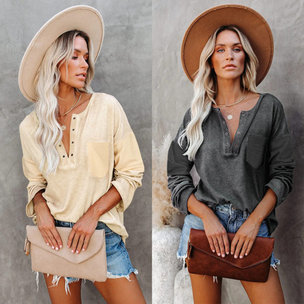 Leisure Fashion Women's Solid Color All-match Street Style Loose Shirt Hollow Out Deep V-neck Long Sleeve Knitting Tops Mujer 1