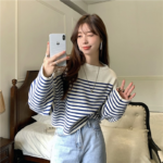 Blue Striped Stitching Sweater Women's Spring and Autumn 2022 New Loose Knitted Round Neck Long-sleeved Pullover Top Female 2