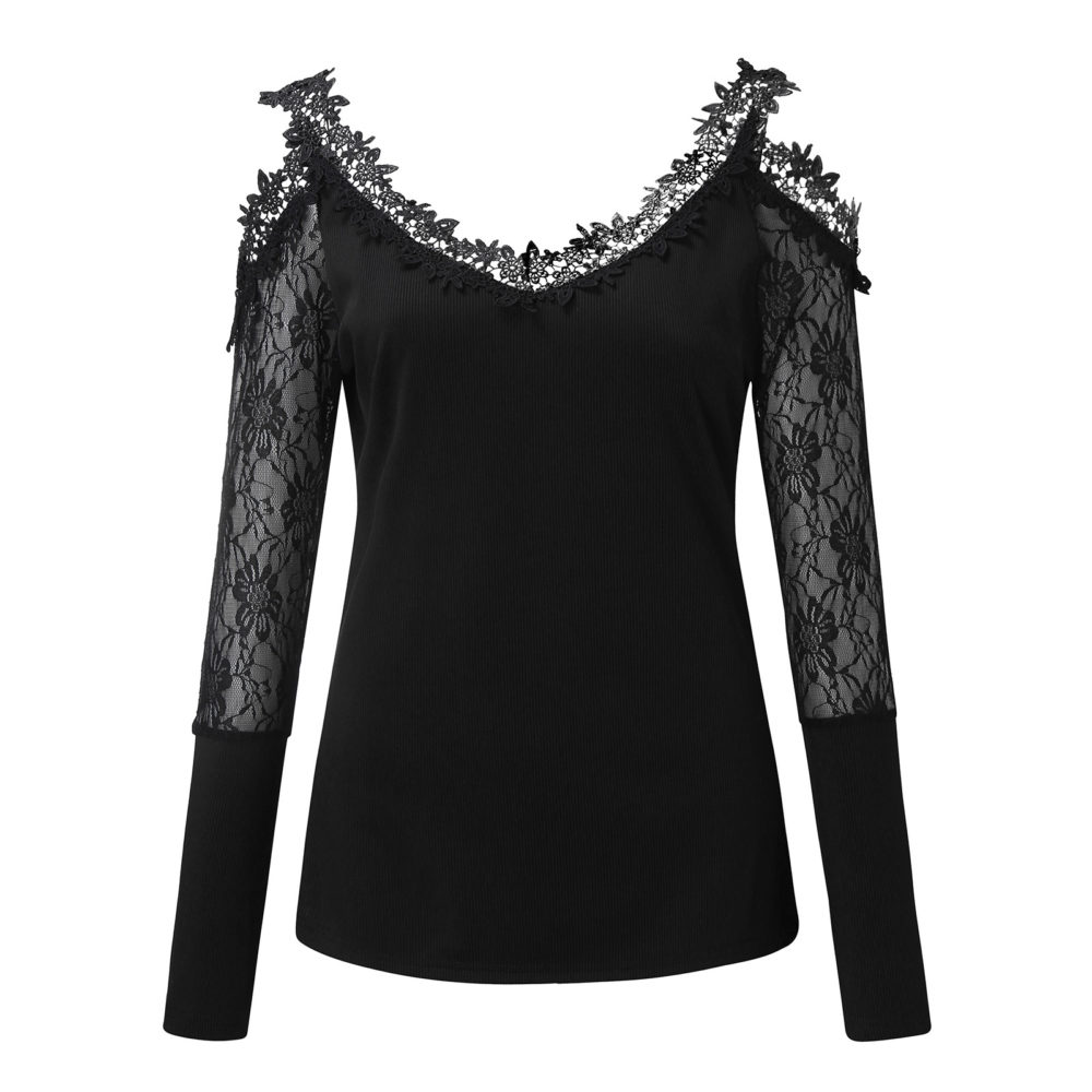 Women Shirts Blouses 2021 Spring Women Off Shoulder Long Style Commuting Pullover V-neck Lace Bottoming Blouse Sudadera Mujer 4