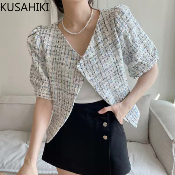 KUSAHIKI Korea Chic Summer Women Jakcet Elegant V-neck Hit Color Plaid Coat Causal Puff Sleeve Short Outwear Tops 2022 New 1