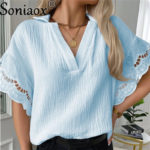 Fashion V-Neck White Lace Patchwork Half Sleeve Womens Blouses 2022 Summer Casual Loose Office Ladies Shirt Tops Femme Blouse 6