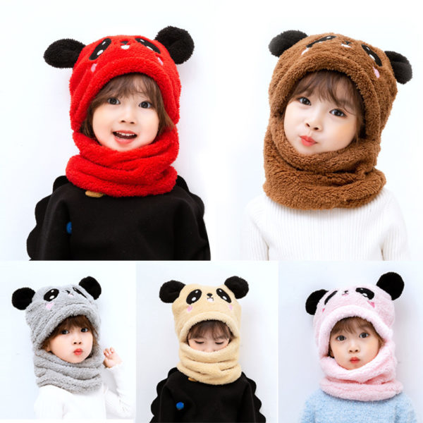 Winter Baby Girls Boys Knitted Hat Plus Fleece Kids Warm Cute Bear Rabbit Caps Thicken Earbud+Neck Scarf For Toddler Headdress 2