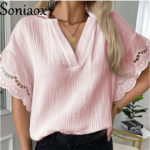 Fashion V-Neck White Lace Patchwork Half Sleeve Womens Blouses 2022 Summer Casual Loose Office Ladies Shirt Tops Femme Blouse 4