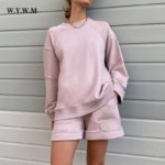 WYWM Spring Summer Cotton Sets Women 2022 New Loose Two Pieces Solid Sweatshirt & High Waist Shorts Pants Suits Casual Tracksuit 3