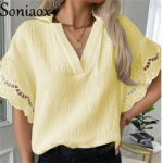 Fashion V-Neck White Lace Patchwork Half Sleeve Womens Blouses 2022 Summer Casual Loose Office Ladies Shirt Tops Femme Blouse 5