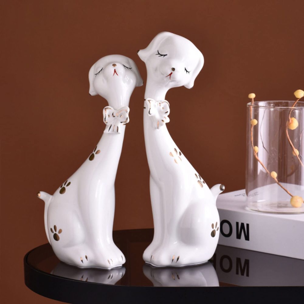 Ceramic Dog Lover Statues (Set of 2) Ceramic Decoration Animal Decor Plum Dog Ornaments for Living Room Bedroom Office Desk 5