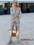 KONDALA Vintage Floral Print Women Suits V Neck Loose Long Shirts+High Waist Wide Leg Pants Fashion 2022 Summer Holiday Sets 1