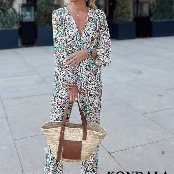 KONDALA Vintage Floral Print Women Suits V Neck Loose Long Shirts+High Waist Wide Leg Pants Fashion 2022 Summer Holiday Sets 1