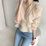 Spring Fashion Sexy V-Neck Long Sleeve Women's Shirt Solid Color Slim Retro Ruffle Sweet Chiffon Thin Shirt Fashion Girl's Top 1