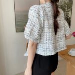 KUSAHIKI Korea Chic Summer Women Jakcet Elegant V-neck Hit Color Plaid Coat Causal Puff Sleeve Short Outwear Tops 2022 New 6