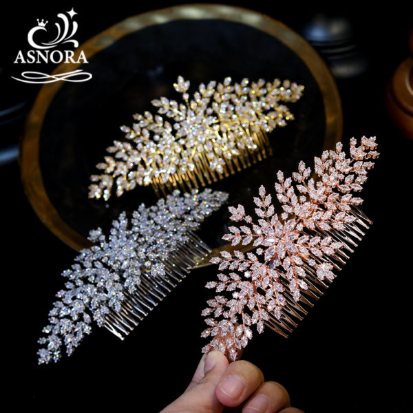 ASNORA High Quality AAA CZ Wedding Hair Accessories Bridal Hair Comb Golden Leaf Tiaras, Female Prom Banquet Hair Accessories 1