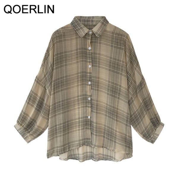 QOERLIN M-4XL See Through Sexy Plaid Shirt Women Summer 2021 New Korean Loose Causal Sun Protection Jacket Blouse Coat Girly 2