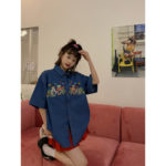 Blue Bear Embroidery Patchwork Denim Blouse Women Short Sleeve Japanese Shirts 2022 Summer Korean Tops Female Clothes Harajuku 4