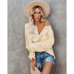 Leisure Fashion Women's Solid Color All-match Street Style Loose Shirt Hollow Out Deep V-neck Long Sleeve Knitting Tops Mujer 2