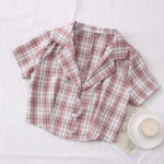 2021 New Summer Women Turn-down Collar Plaid Shirt high waist short Shirt single breasted Shirt bare navel Top 3