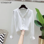 YTNMYOP Sweet Spring Blouse Women Loose Fashion Chiffon V-neck Lady Short Long Sleeve Clothing For Girls Pink White Colors 5