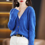 100% Cashmere Wool Sweater Solid Color Hollow Knit Summer New Long Sleeve Ladies V-Neck Sweater Thin Coat Cardigan 4 colors 4