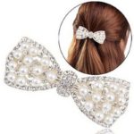 Delysia King Women Trendy Pearl Bow Hair Accessories Girls High-grade Grace Temperament Crystal Inlay Horsetail Clip 1